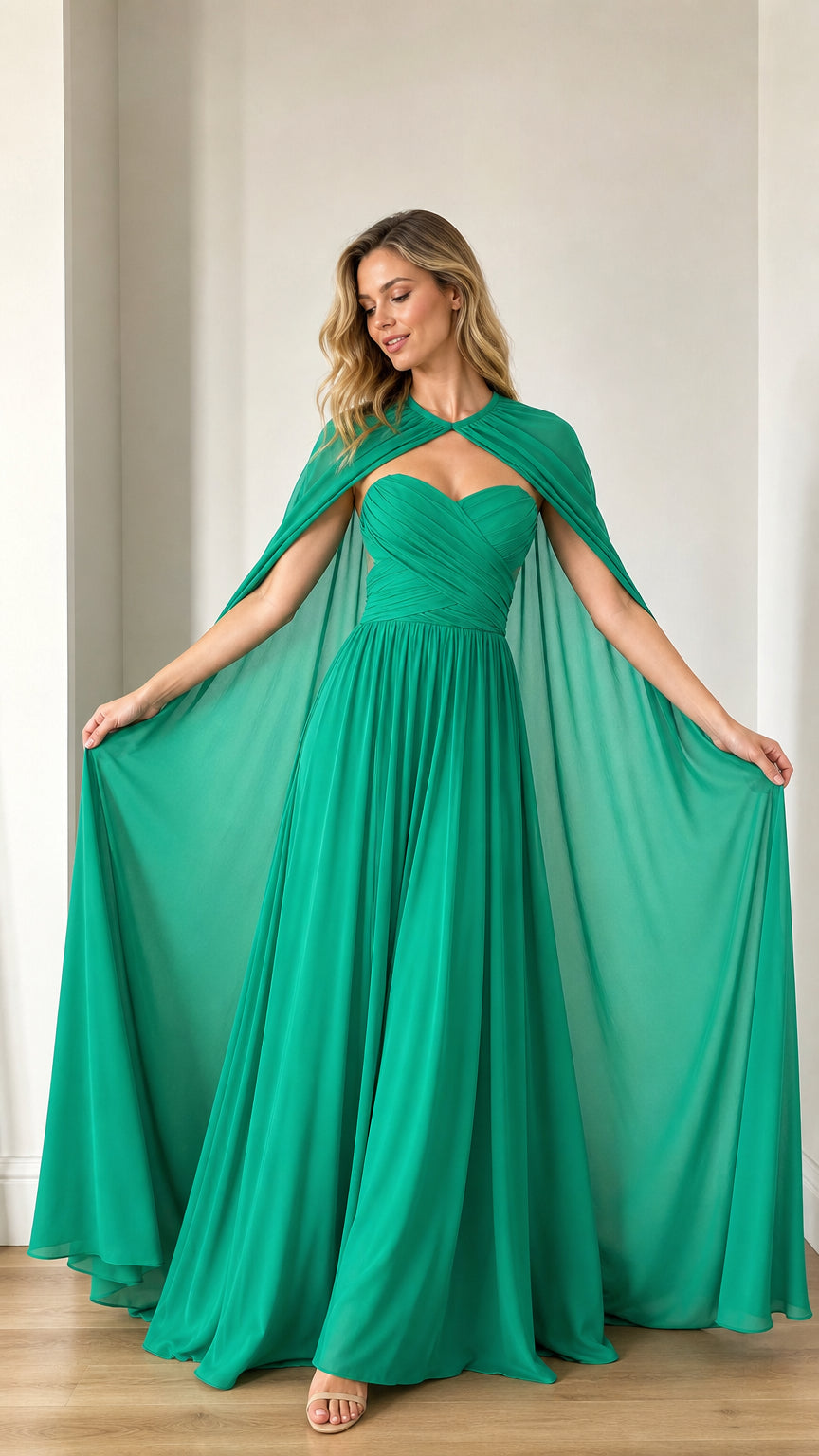 Front view of woman wearing emerald green evening dress with cape