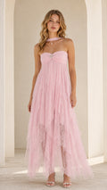 Model wearing pink strapless tulle maxi dress with choker front view