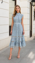 Front view of model wearing Light Blue lace midi dress