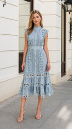 Front view of model wearing Light Blue lace midi dress