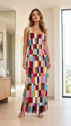Front view of vibrant beaded patchwork fringe maxi dress