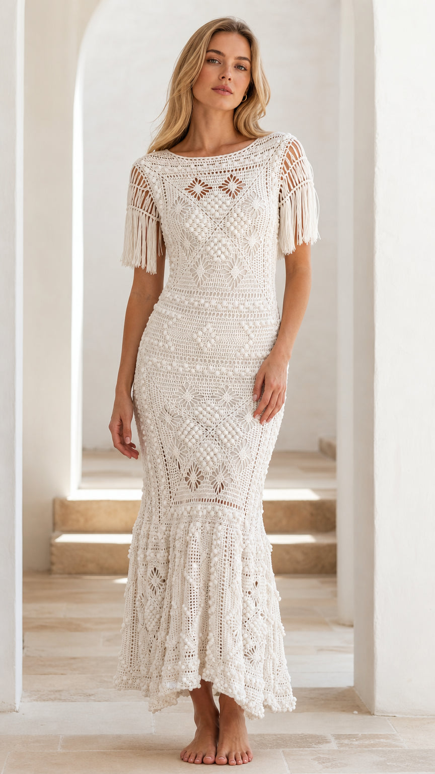 Full front view of ivory boho crochet fringe long maxi dress