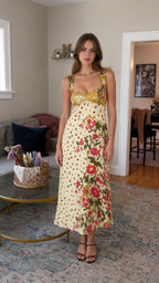 Front view of yellow floral patchwork midi dress on model