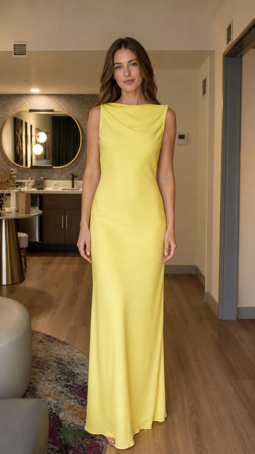 Front view of yellow cowl neck maxi dress