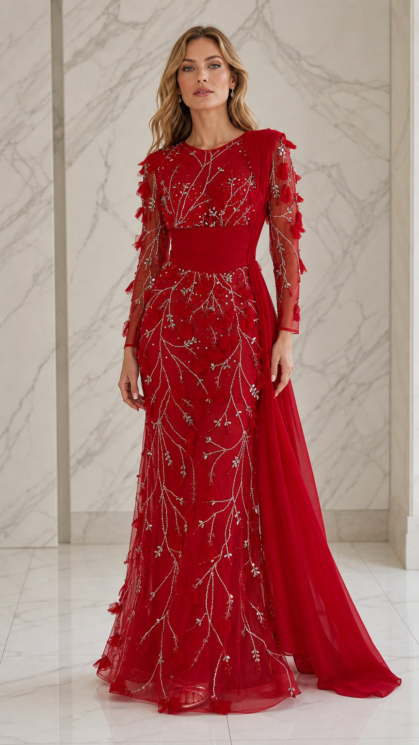 Front view of the red embellished long sleeve evening gown with drape train