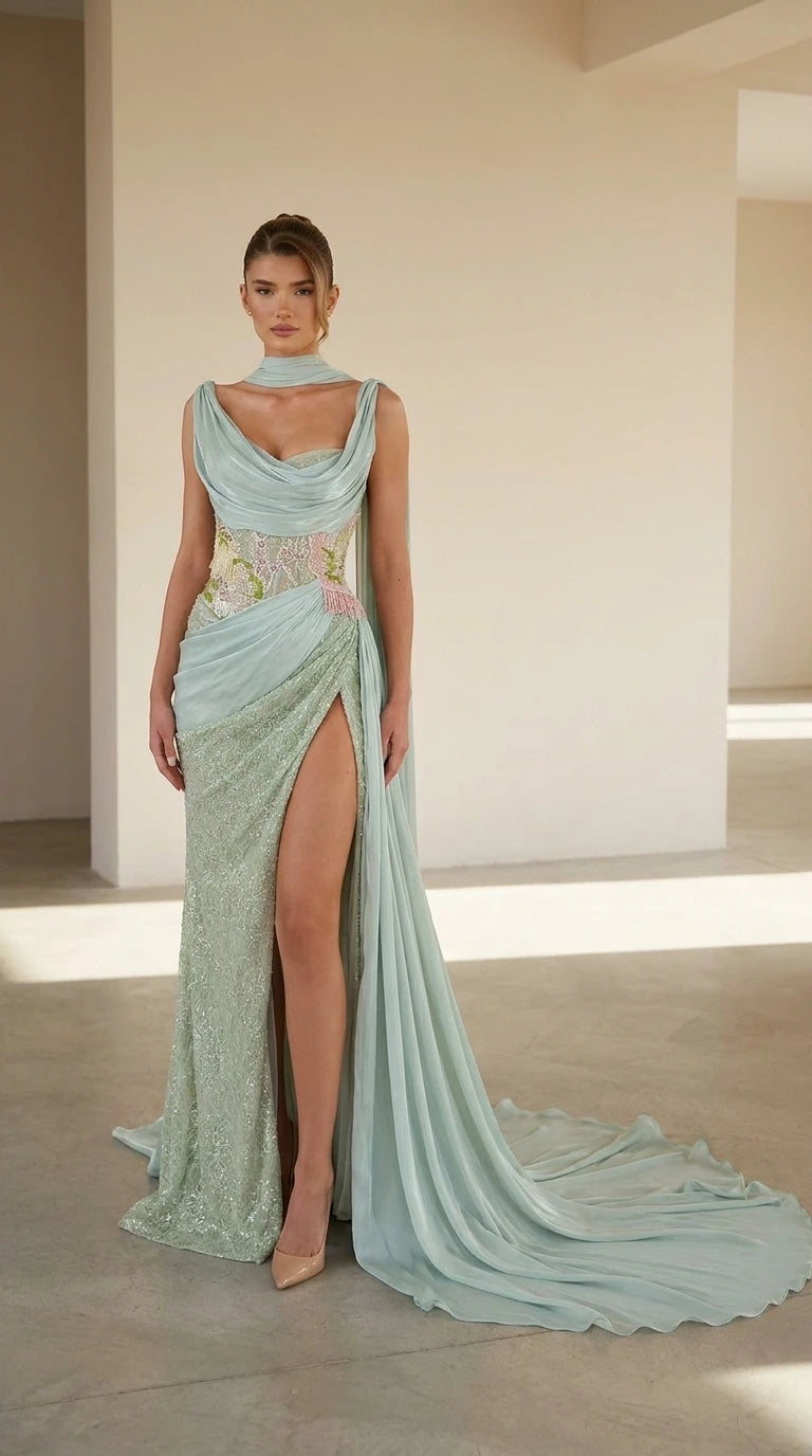 Front view of mint green draped formal gown with high slit