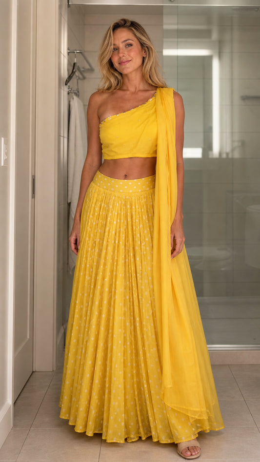 Front view of model wearing yellow one-shoulder crop top and pleated maxi skirt set