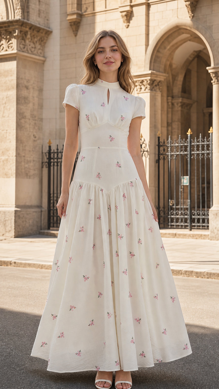 Front view of ivory floral embroidered maxi dress on model
