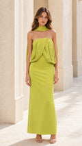 Front view of lime strapless maxi dress with draped bodice and matching scarf