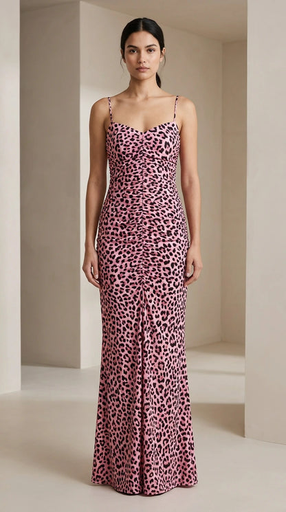 Front view of pink leopard print maxi dress