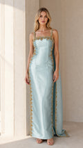 Front view of Light Blue embellished cape maxi dress