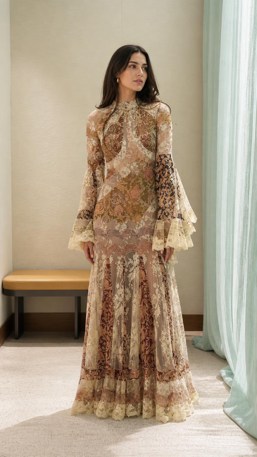 Front view of model wearing vintage lace patchwork maxi dress in multi color