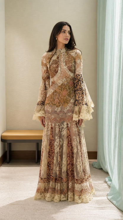 Front view of model wearing vintage lace patchwork maxi dress in multi color