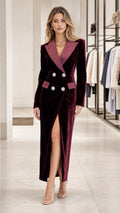 Front full view of burgundy velvet blazer dress with contrast lapel