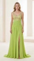Front view of lime green evening gown with embroidered bodice and high slit