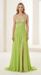 Front view of lime green evening gown with embroidered bodice and high slit
