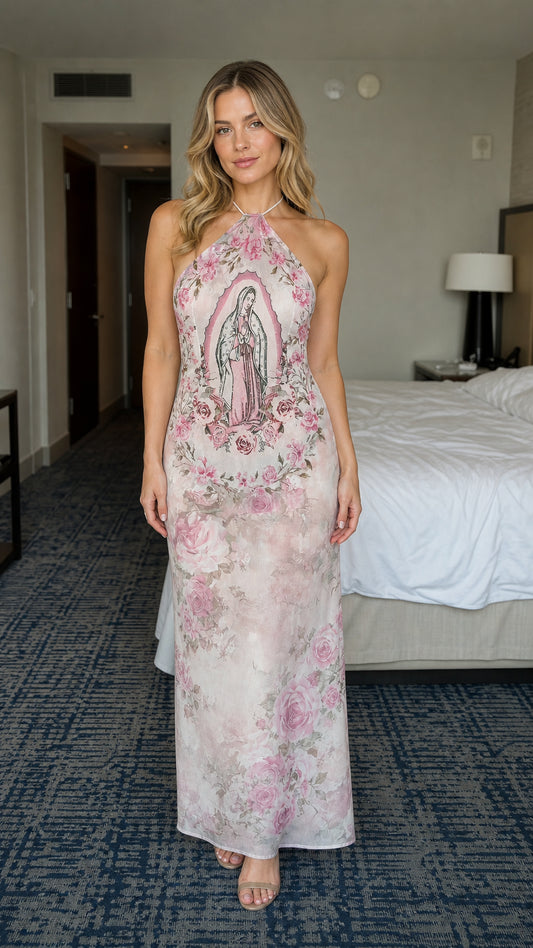 Front view of model wearing pink floral halter maxi dress