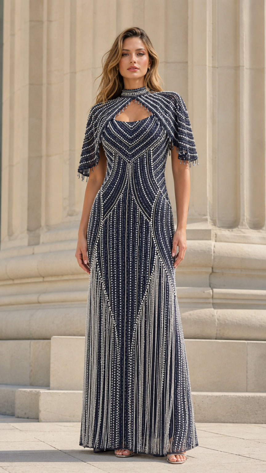 Model wearing navy beaded capelet evening gown front view
