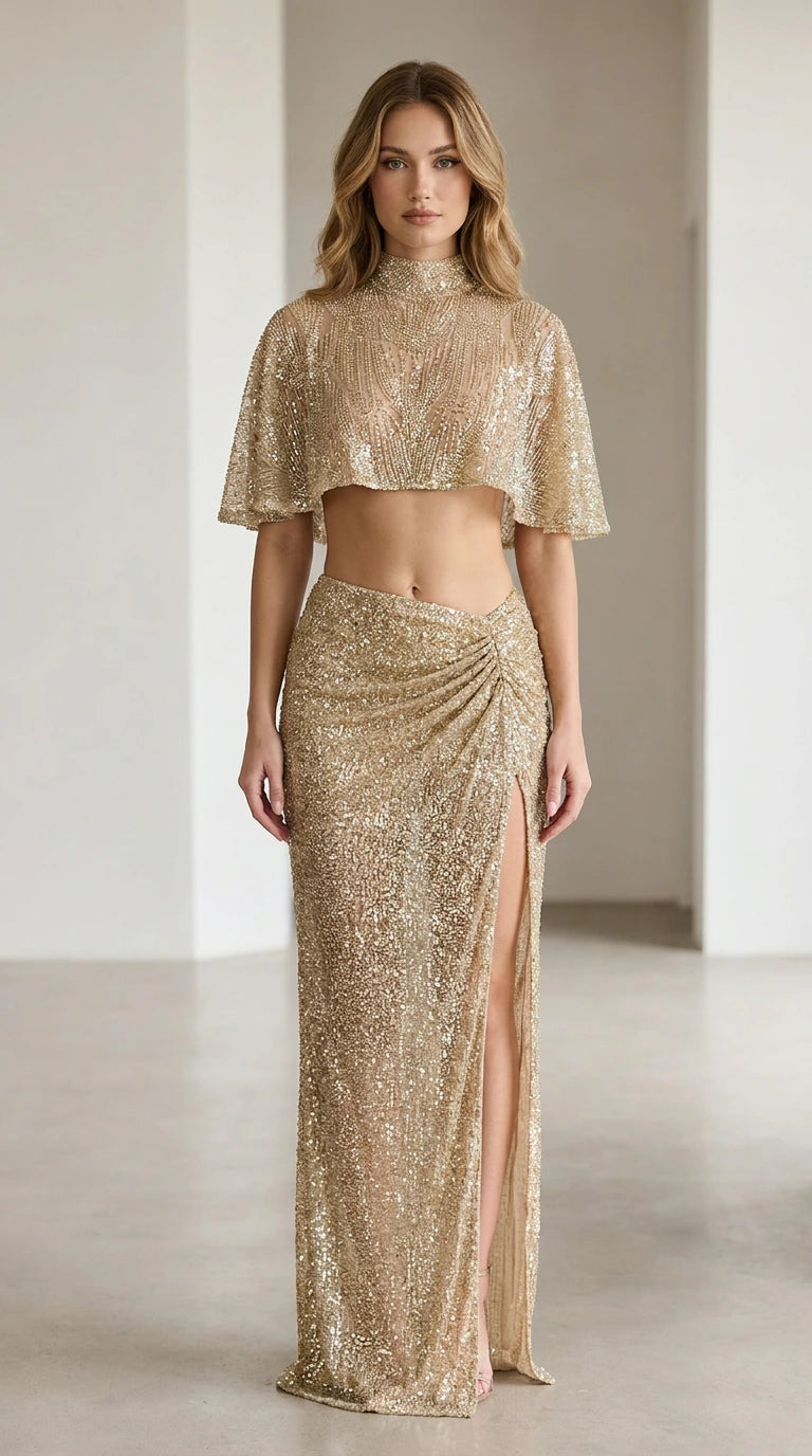 Champagne sequin crop top and ruched maxi skirt set shown from the front