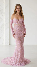 Front view of pink off-the-shoulder lace mermaid evening dress