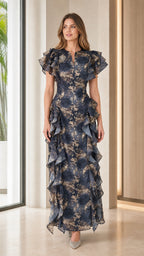 Front view of navy floral print ruffle maxi dress