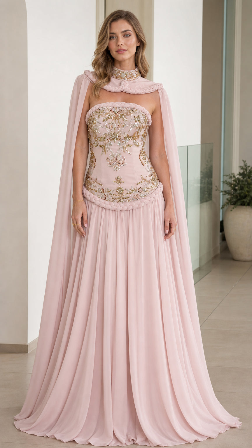 Front view of Blush Pink embroidered corset evening gown with cape