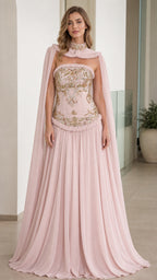Front view of Blush Pink embroidered corset evening gown with cape