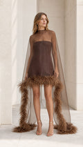 Front view of brown feather trim cape mini dress