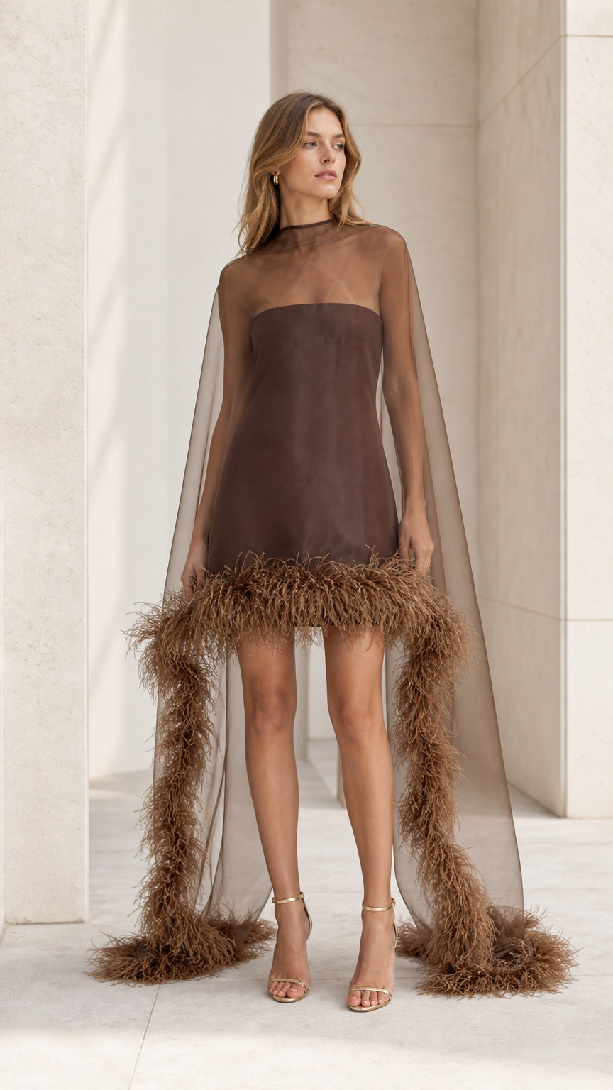 Front view of brown feather trim cape mini dress
