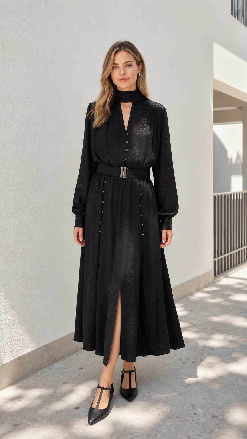 Model wearing black mock neck belted midi dress from the front