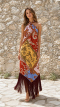 Front view of model wearing Multicolor paisley halter fringe maxi dress
