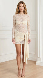 Front view of Ivory long-sleeve lace draped mini dress