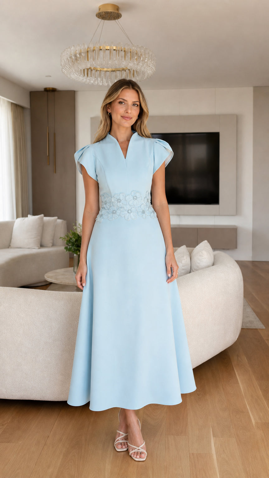 Front view of light blue floral beaded waist midi dress