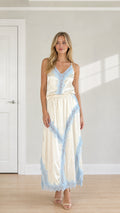 Full length front view of champagne satin cami and maxi skirt set
