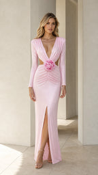 Front full view of pink glitter long-sleeve cutout maxi dress