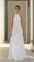 Front view of White 3D floral applique halter maxi dress