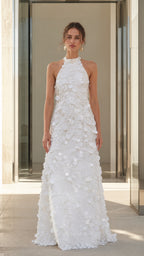Front view of White 3D floral applique halter maxi dress