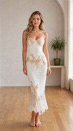 Front view of White embroidered slip midi dress