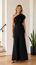 Model wearing Black one-shoulder maxi evening dress from front