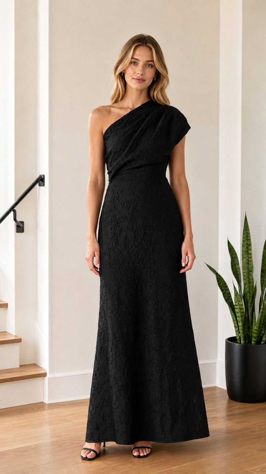 Model wearing Black one-shoulder maxi evening dress from front
