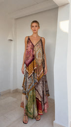 Front view of model wearing boho patchwork print maxi dress