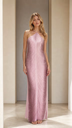 Model wearing mauve halter neck pleated maxi dress from front