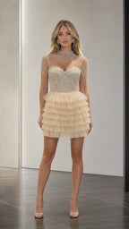 Front view of model wearing champagne beaded sequin ruffle mini dress