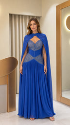 Elegant royal blue evening gown with cape front view