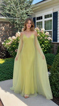 Front view of lime chiffon cape sleeve maxi dress