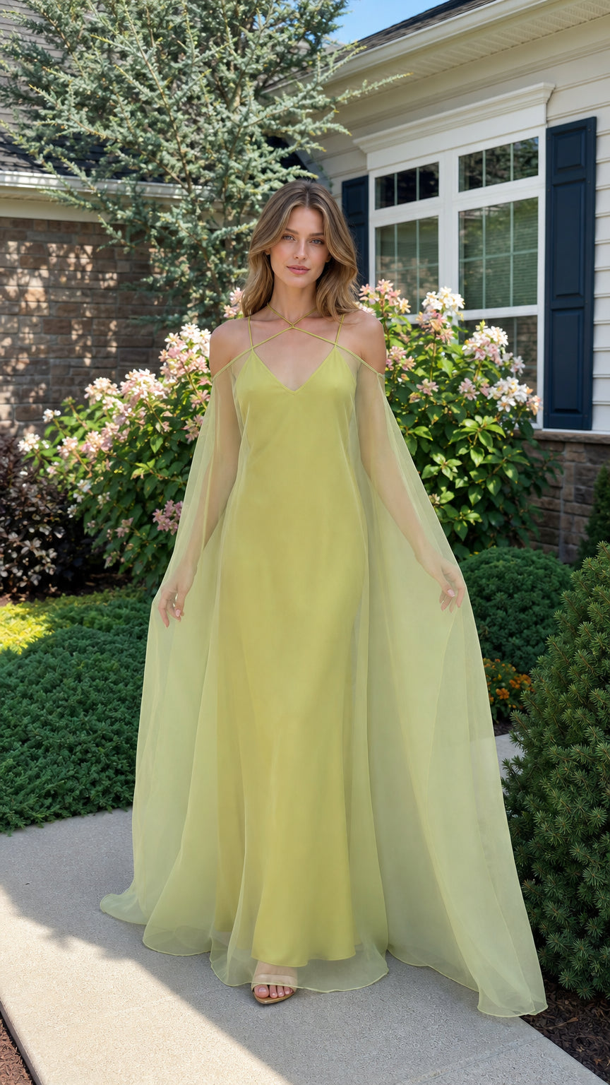 Front view of lime chiffon cape sleeve maxi dress