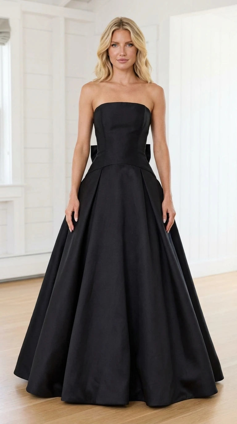 Front view of model wearing black strapless evening gown