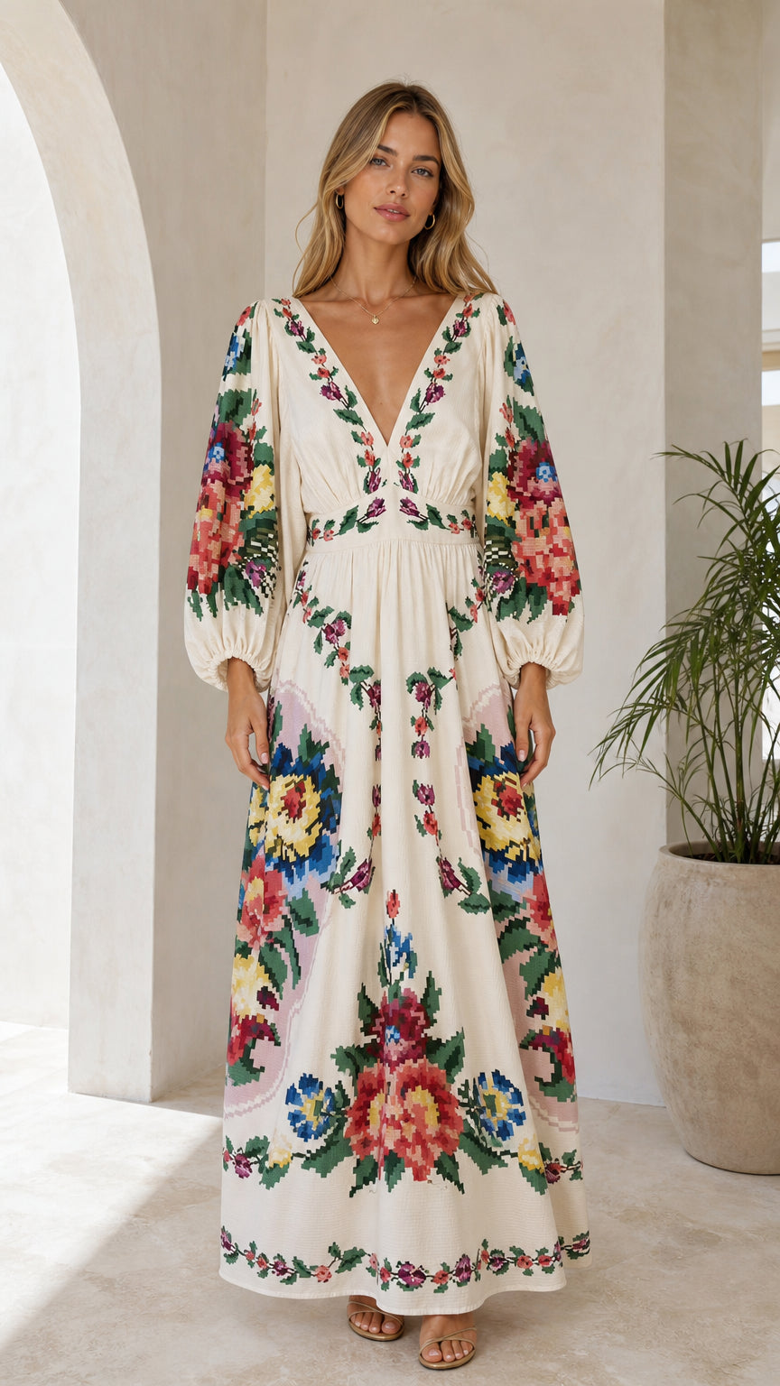 Front view of cream bohemian floral embroidered maxi dress