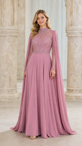 Front view of mauve beaded high-neck evening gown with cape sleeves