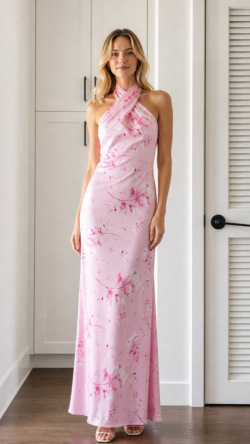 Front view of model wearing pink floral halter neck maxi dress